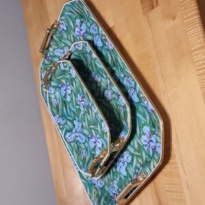 Set of 3 Rectangular Trays Gold & Turquoise Floral